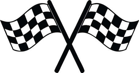 two simple, black and white graphic of two crossed checkered flags, the classic symbol of a race finish.