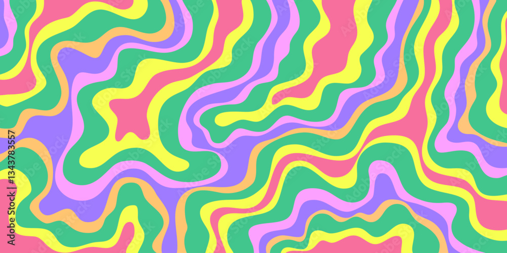 Poster Abstract Geometric Wavy Background. Cool Funky Art Vector Design. Groovy Trippy Hippy Pattern. Psychedelic Y2k Texture. Retro Fun Bg.