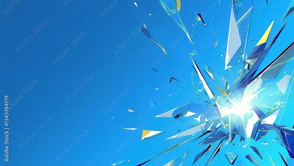 Poster abstract explosion of fragmented shards against a bright blue background creating a dynamic and vibr