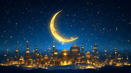 Naklejka premium Nighttime city view with crescent moon and stars glowing over an illuminated cityscape