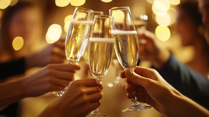 Group Toasting With Champagne Glasses in Festive Celebration Under Warm Party Lighting