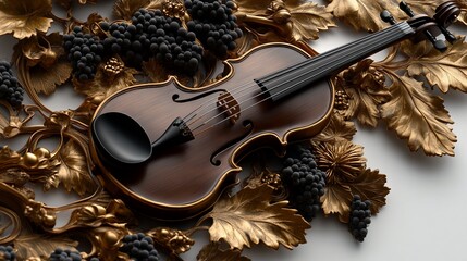 Elegant Arrangement: Violin nestled among Golden Leaves and Dark Grapes still life