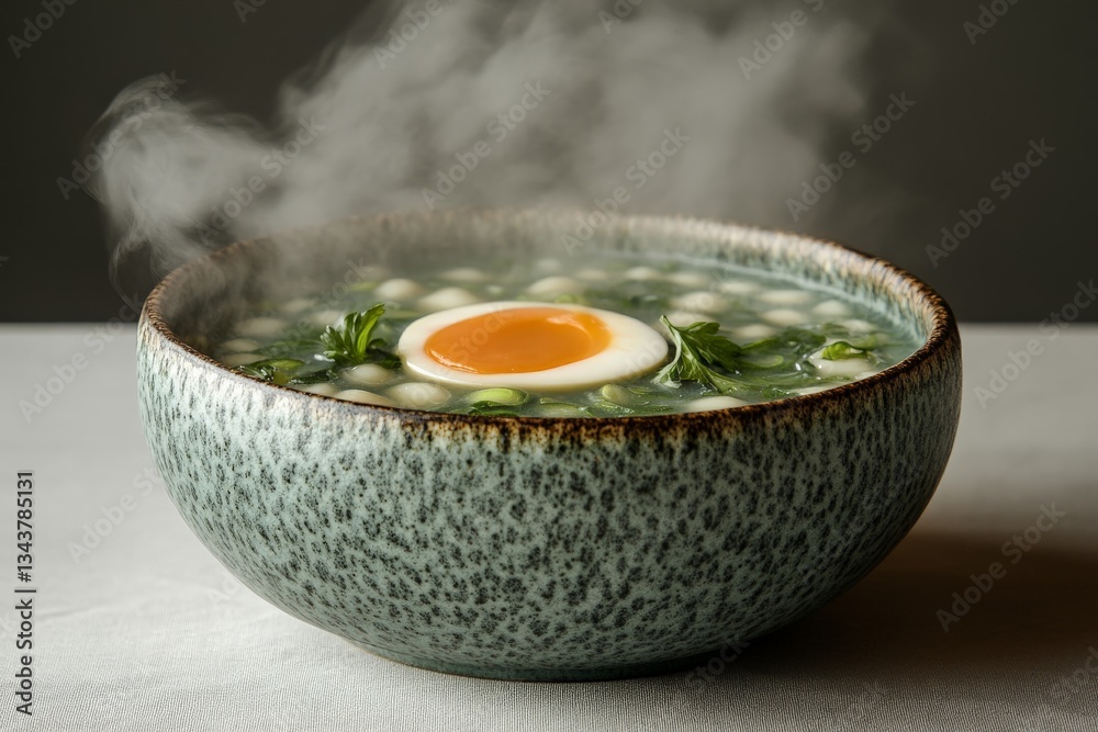Aufkleber delicious green soup with soft boiled egg and herbs on a simple table