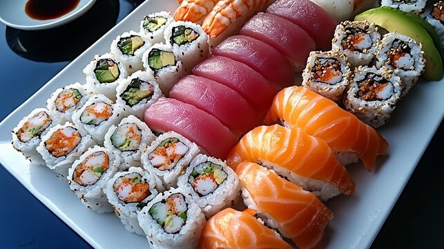 A top-down view of an assorted sushi platter showcasing maki and rolls filled with tuna, salmon, shrimp, crab, and avocado, including rainbow rolls, uramaki, hosomaki, and nigiri