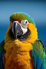 araffy parrot with a bright yellow and blue feathers and a red head