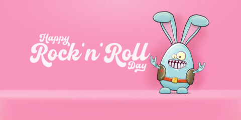 World rock n roll day horizontal banner with funny cartoon rock star rabbit character and rock hand gesture isolated on pink room background. Rock n roll poster