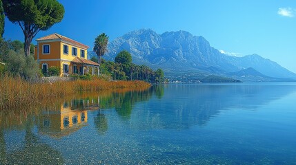 Naklejka premium Serene lakeside villa with mountains in the background reflecting on water