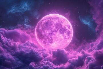 Fototapeta premium Vibrant pink moon illuminating clouds under a starry night sky in a surreal celestial landscape