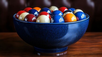 A bowl full of pool balls on a table