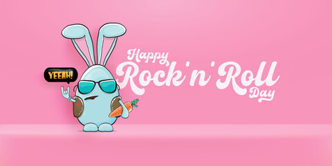 World rock n roll day horizontal banner with funny cartoon rock star rabbit character and rock hand gesture isolated on pink room background. Rock n roll poster