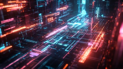 Futuristic Cityscape With Glowing Neon Lights and Digital Grid Representing Advanced Technology and Urban Development