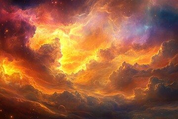 Vibrant cosmic clouds illuminated by fiery colors above a celestial landscape during a stunning sunset