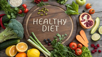 A wooden table sorrunded by fresh veggies and fruits, in the middle of the table "Healthy Diet" text written, diet concept.