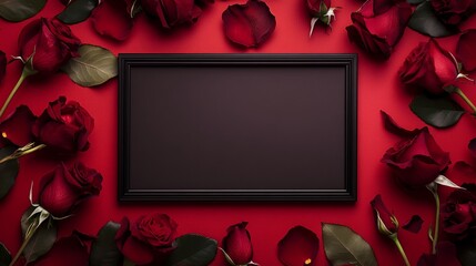 Romantic dark frame template adorned with vibrant red roses and scattered petals