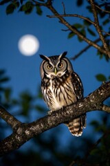 Obraz premium there is a owl sitting on a branch with a full moon in the background