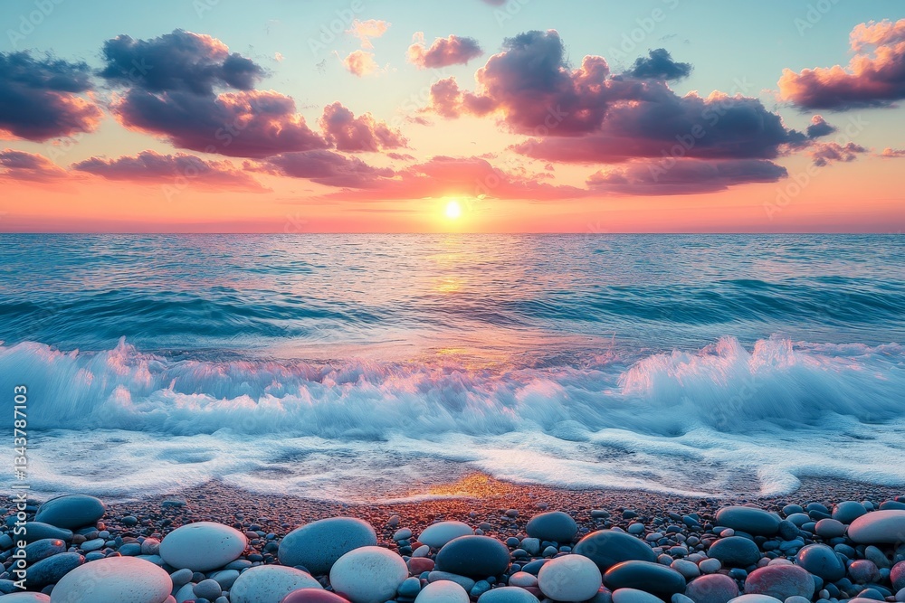 Poster sunset over tranquil ocean waves with colorful clouds reflecting light in a serene seaside landscape