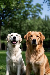 two dogs sitting in the grass with trees in the background