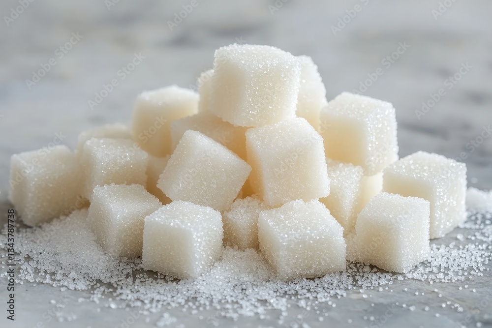Poster white sugar cubes stacked on a marble surface in an aesthetic arrangement showing their texture and 