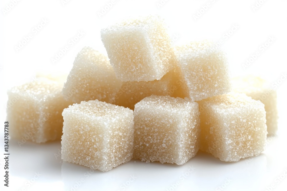 Poster Sugar cubes arranged in a neat stack on a white surface for culinary use or decoration