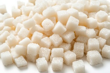 White sugar cubes arranged in a neat pile, showcasing their small size and sparkling texture in a clean setting
