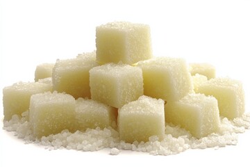 Sugar cubes stacked neatly on a white background surrounded by granulated sugar