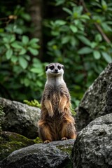 there is a small meerkat standing on a rock in the woods