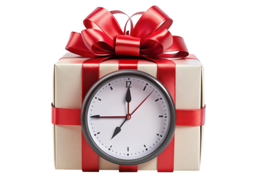 Conceptual image of a wrapped gift with a clock, highlighting time management, special occasions, and thoughtfulness.