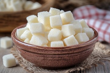 White sugar cubes arranged neatly in a rustic bowl on a wooden table with a checkered cloth in the background