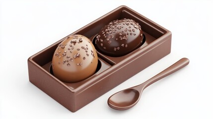 Chocolate box with easter egg and spoon in 3d render isolated white background. 3d illustration