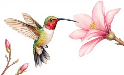 Colorful hummingbird near pink flower