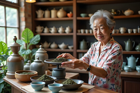 An elderly Asian woman smiles as she carefully places matcha powder on a scale in a cozy tea shop surrounded by various tea-related items and lush plants