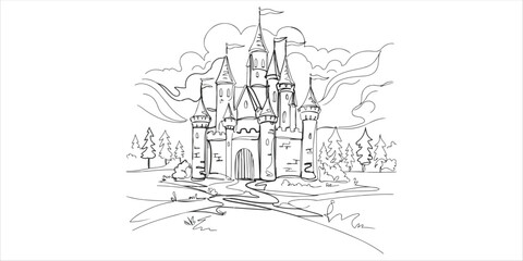 Fototapeta premium knight's castle, continuous single one minimalist continuous single line hand drawn sketch depicting an abstract ancient medieval castle, reminiscent of a fairy tale knight’s fortress