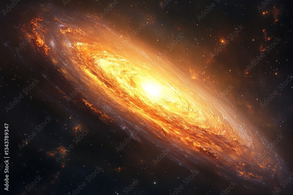Poster Vibrant spiral galaxy illuminated by bright core and swirling star clouds in deep space captured from a distant perspective