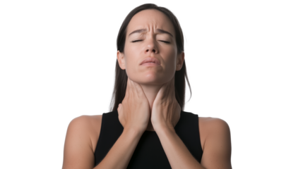 Woman Massaging Her Neck with Both Hands, Tilting Her Head Slightly to the Side with a Pained Expression, Fully Isolated on Transparent Background - Generated AI
