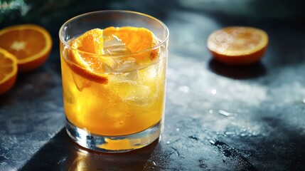 A glass of freshly squeezed orange juice with slices of orange, styled with refreshing, bright tones