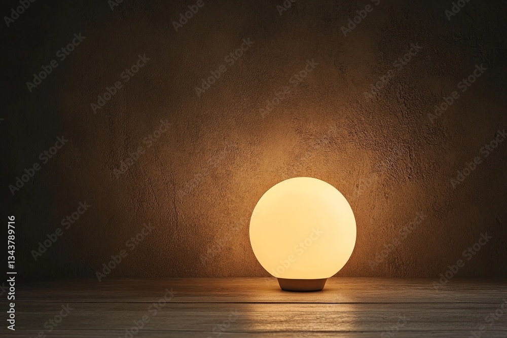 Poster soft glow of a round lamp illuminating a rustic wooden table in a cozy interior space at dusk