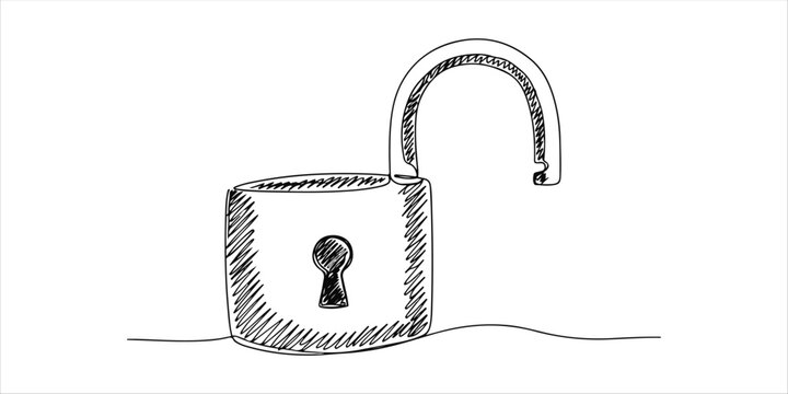 unlocked Padlock, continuous single one minimalist continuous single line hand drawn sketch illustrating an abstract open and unlocked padlock
