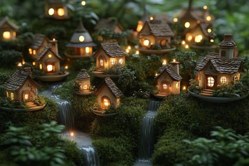 Charming miniature village in a lush forest at twilight with glowing cottages and flowing water