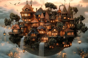 Floating village with whimsical architecture and illuminated homes at twilight
