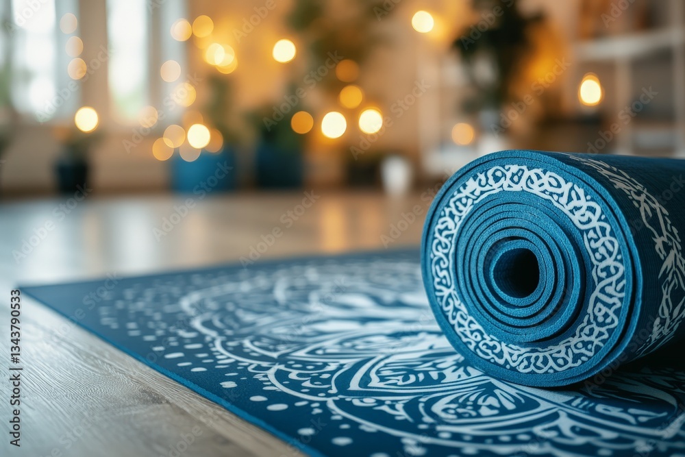 Poster peaceful yoga studio with rolled mat and warm lights creating a calm atmosphere for relaxation and m