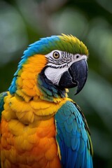 Fototapeta premium araffy colorful parrot with a blue and yellow feathers and a green background