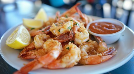 A plate of crispy fried shrimp with a side of cocktail sauce and lemon wedges, styled with a coastal, fresh vibe