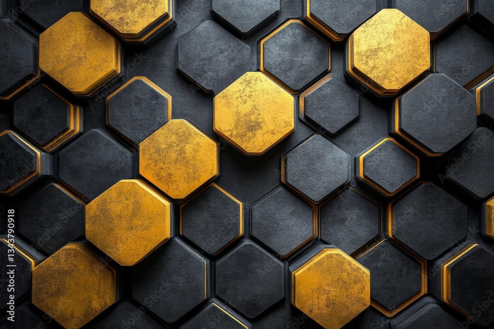 Poster Geometric pattern of hexagonal shapes in black and gold tones, creating a modern abstract design