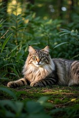 there is a cat that is laying down in the grass
