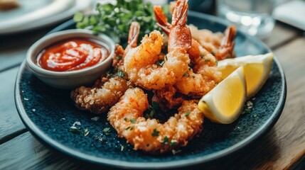 A plate of crispy fried shrimp with a side of cocktail sauce and lemon wedges, styled with a coastal, fresh vibe