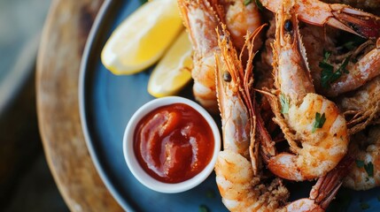 A plate of crispy fried shrimp with a side of cocktail sauce and lemon wedges, styled with a coastal, fresh vibe