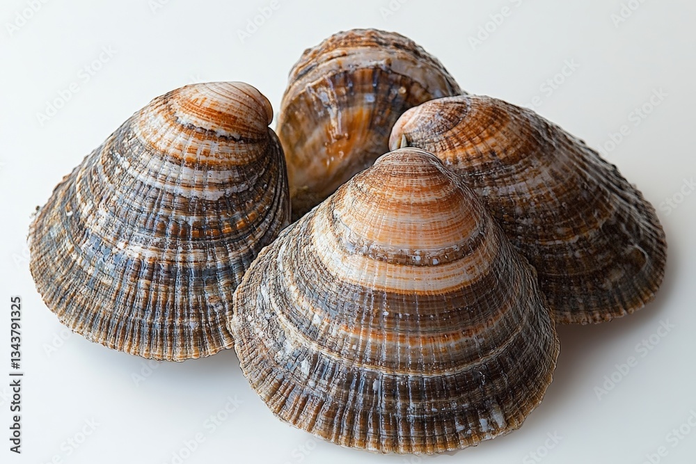 Poster freshly harvested clams arranged neatly on a white surface, showcasing their unique textures and col