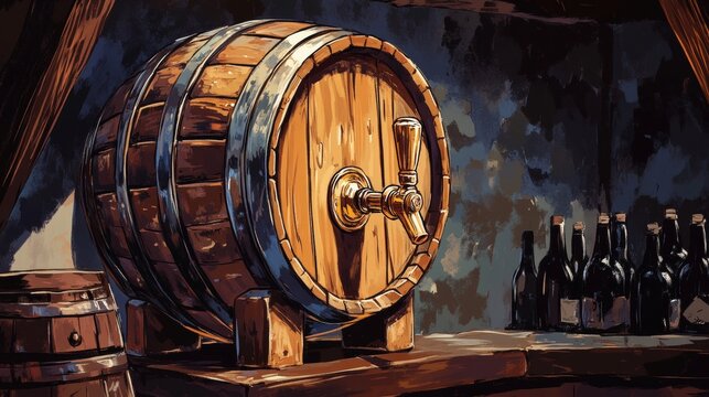 Oak barrel with tap for wine or beer. Isolated pencil illustration in realistic style for bar menu design, restaurant interior, poster printing.