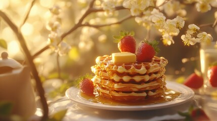 A stack of golden waffles with syrup, butter, and fresh strawberries, styled with a cozy brunch setting
