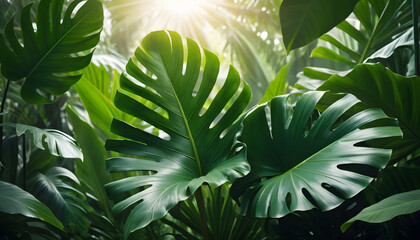 Lush green tropical leaves with sunlight filtering through in a serene atmosphere
